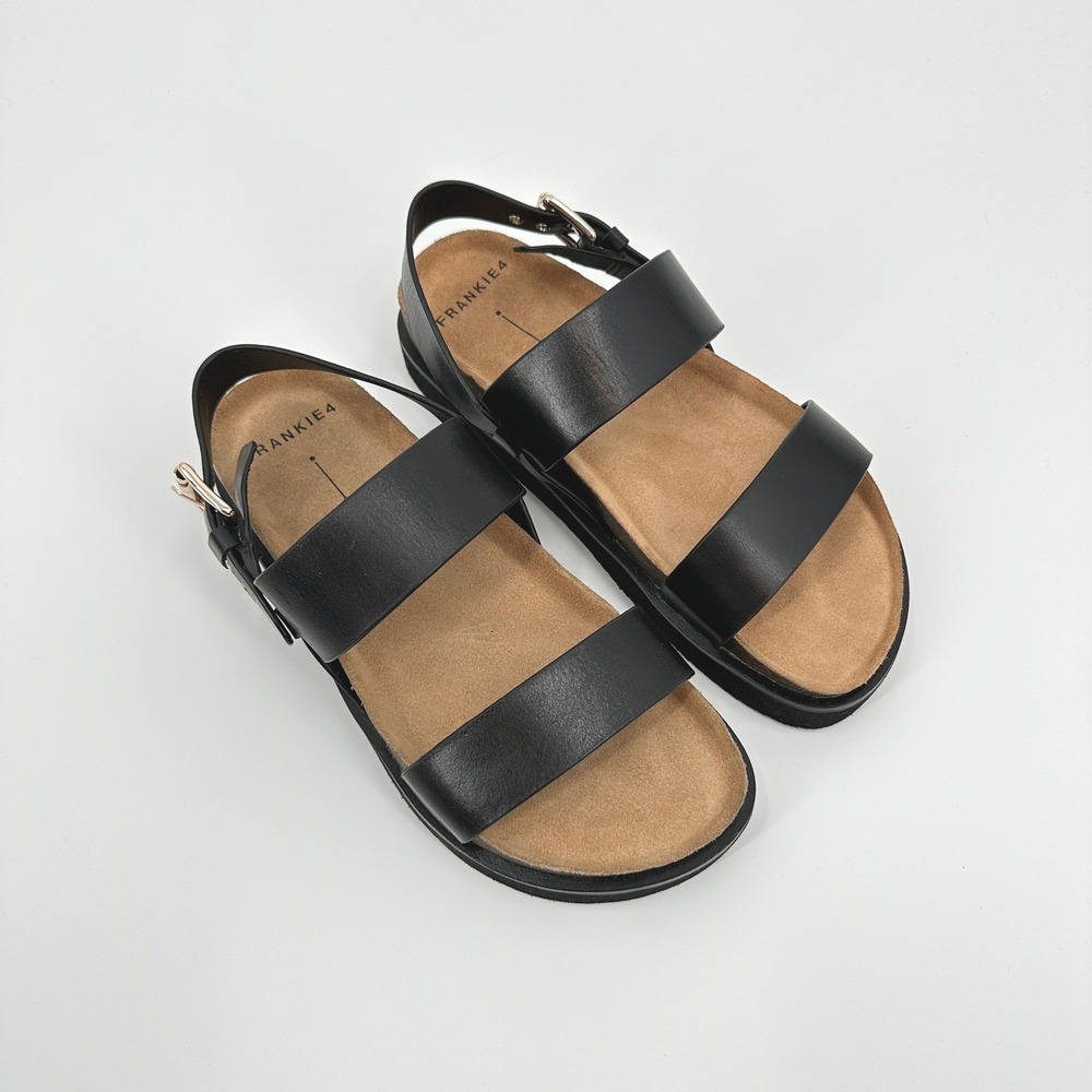 Frankie4 Hunter Black Leather Platform Sandals Womens 7 Cork Footbed NWOB - Picture 2 of 9